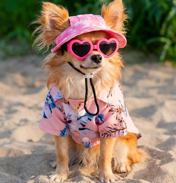 Hawaiian T-Shirt with Ear-Hole Hat & Heart-Shaped Sunglasses Set