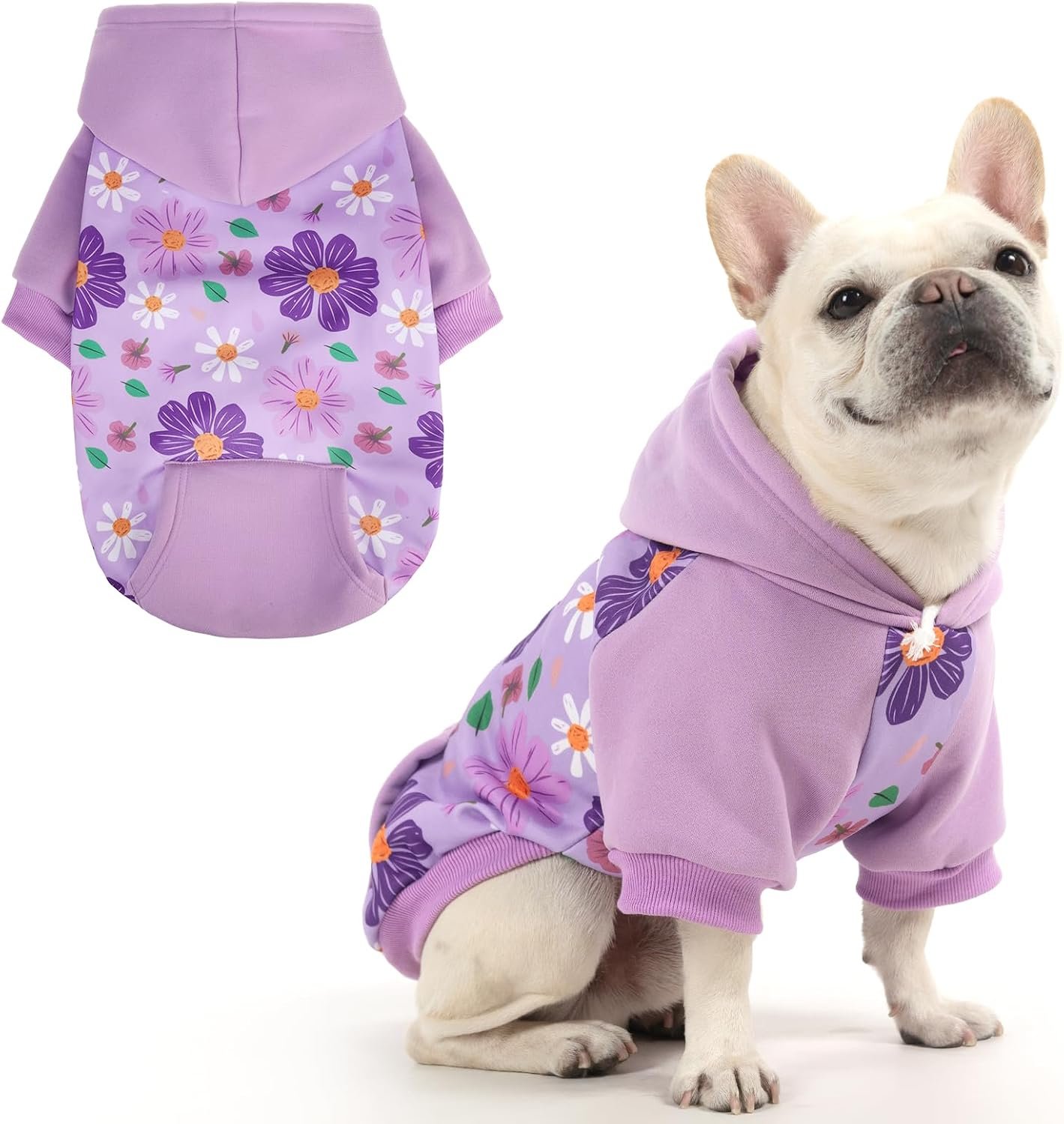 Warm Fleece-Lined Hooded Pet Sweatshirt With Floral Print And Pockets