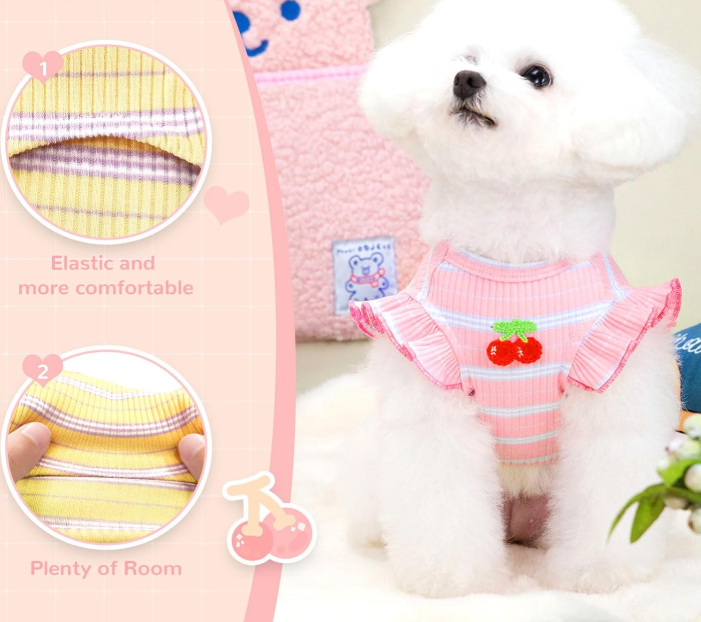 Striped Sleeveless Cute Cherry-Print Dog Vest Set - Image 2